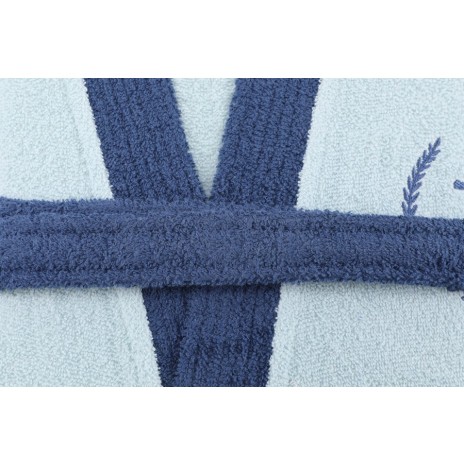 Halat baie unisex bumbac 100%, M/L, fine blue cu guler si cordon navy, broderie ancora