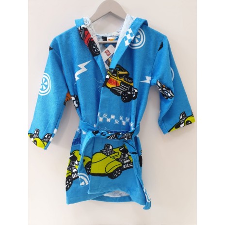 Halat de baie pentru copii Disney Cars, albastru, din bumbac, cu imprimeu colorat cu mașini, moale și absorbant, pentru vârste între 6-8 ani.