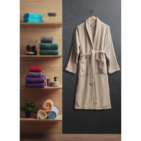 Halat de baie velur 100% bumbac, marime S/M, Maro Deschis