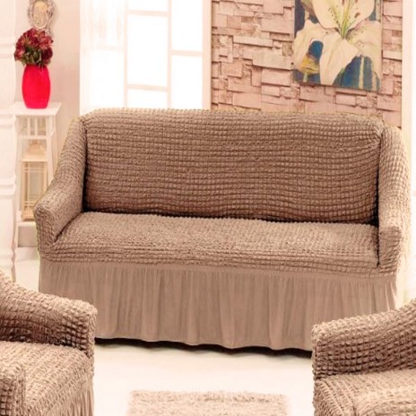 Husa elastica din material creponat, cu volan, pentru canapea 3 locuri, Maro(Taupe)