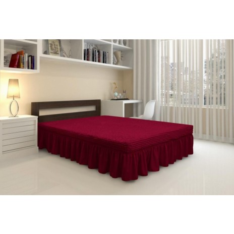 Husa elastica din material creponat, cu volan, pentru pat + 2 fete perna, Bordo