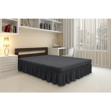 Husa elastica din material creponat, cu volan, pentru pat + 2 fete perna, Gri Antracit