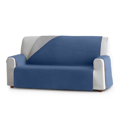 Husă matlasată reversibilă pentru canapea cu patru locuri, în culori albastru și gri, design modern și protecție pentru mobilier.