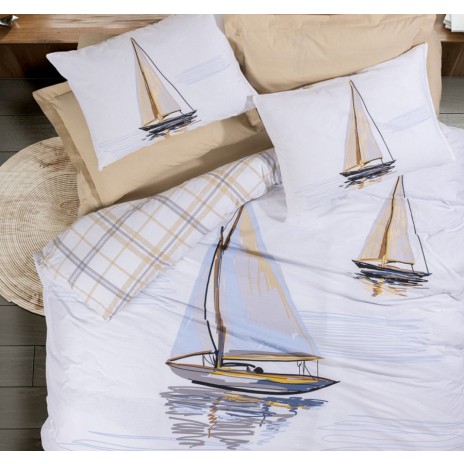Lenjerie 1 persoana bumbac 100% ranforce, Cotton Box, Maritime Wind Bej