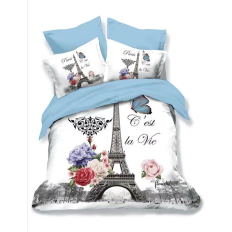 Set de lenjerie de pat 3D din finet cu 6 piese, Pucioasa, turnul Eiffel și flori