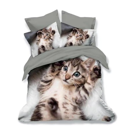 Lenjerie de pat dublu din finet, 6 piese, cu design de pisicuță adorabilă pe fundal gri și alb