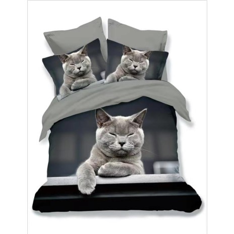 Lenjerie de pat 3D din finet, 6 piese, cu design pisică gri relaxată pe fundal gri închis