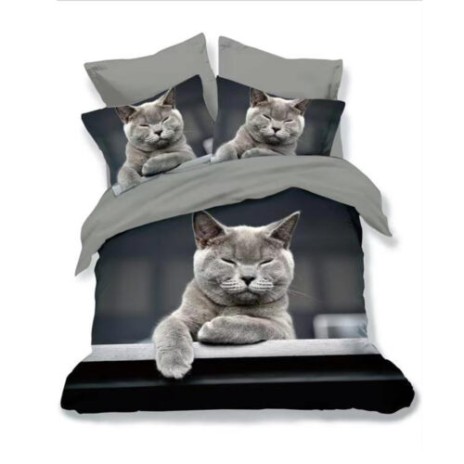Lenjerie de pat 3D din finet, 6 piese, cu design pisică gri relaxată pe fundal gri închis