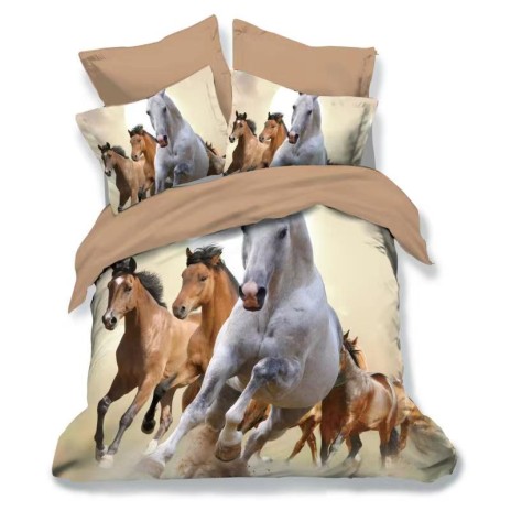 Lenjerie de pat 3D din finet, 6 piese, cu design cai în galop pe fundal natural