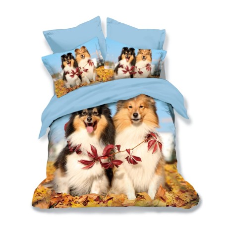 Lenjerie de pat dublu din finet, 6 piese, cu design adorabil de câini Shetland Sheepdog pe fundal de toamnă, cu frunze căzute.