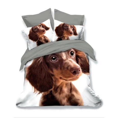 Lenjerie 3D din finet, 6 piese, model cățeluș dachshund, culori alb și gri