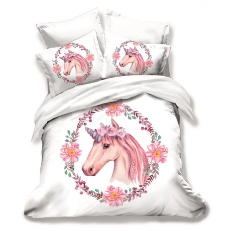 Lenjerie de pat 3D din finet, 6 piese, cu design unicorn roz și flori într-o coroană florală pe fundal alb