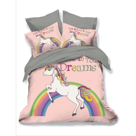 Lenjerie de pat 3D din finet, 6 piese, cu design unicorn și curcubeu pe fundal roz și gri