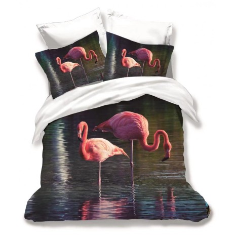 Lenjerie 3D din finet, 6 piese, model flamingo roz, fundal întunecat