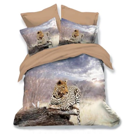 Lenjerie 3D din finet, 6 piese, model leopard în savană, culori bej