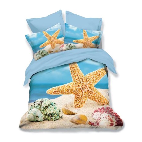 Lenjerie de pat 3D din finet, 6 piese, cu design stea de mare și scoici pe fundal de plajă