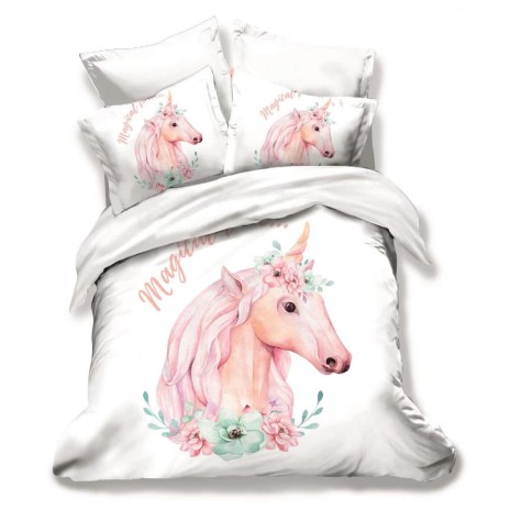Lenjerie de pat 3D din finet, 6 piese, cu design unicorn roz și flori pe fundal alb