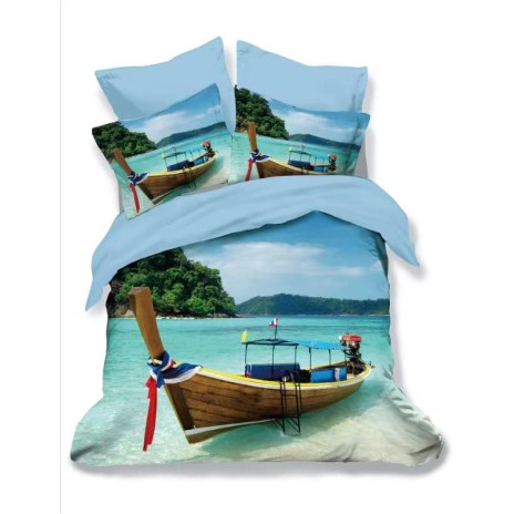 lenjerie 3D, lenjerie finet, lenjerie 6 piese, barcă pe apă, design realist, material confortabil, atmosferă de vacanță