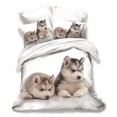 Lenjerie de pat 3D din finet, 6 piese, cu design căței husky pe fundal alb