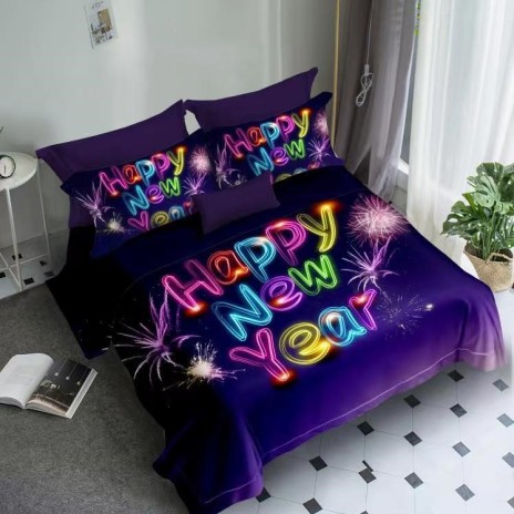Lenjerie de pat 3D din finet, 6 piese, cu design Happy New Year și artificii pe fundal mov