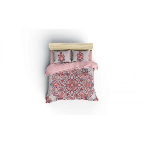 Lenjerie de pat dublă din bumbac 100% ranforce, Cotton Box, design oriental complex în nuanțe de pudră, roșu și verde, cu motive florale și geometrice tradiționale.