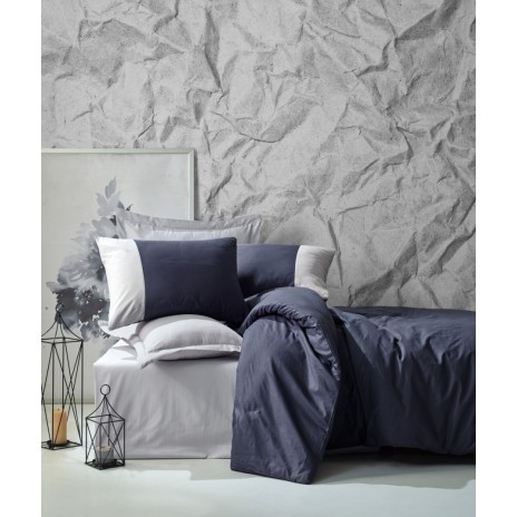 Lenjerie de pat din bumbac 100% ranforce, model Cotton Box Plain, în nuanțe de bleumarin și gri.