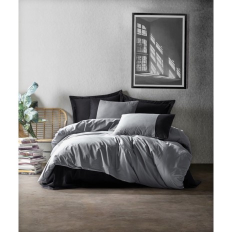 Lenjerie de pat dublă din bumbac 100% ranforce, Cotton Box, design modern gri și negru, adaugă eleganță și stil dormitorului.
