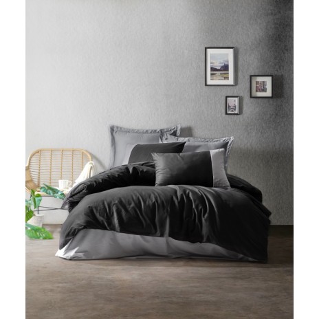 Lenjerie de pat din bumbac 100% ranforce, model Cotton Box Plain, în nuanțe de negru și gri.