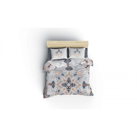 Lenjerie de pat dublă din bumbac 100% ranforce, Cotton Box, design oriental în nuanțe de albastru indigo, portocaliu și bej, cu motive florale și modele ornamentale.