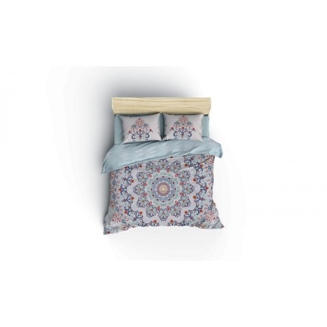 Lenjerie de pat dublu din bumbac ranforce cu model floral multicolor pe fundal alb și cearșaf verde deschis