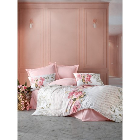 Lenjerie de pat dublă din bumbac 100% ranforce, Cotton Box, design floral în nuanțe de roz, bej și alb, cu flori pastelate și dungi subtile