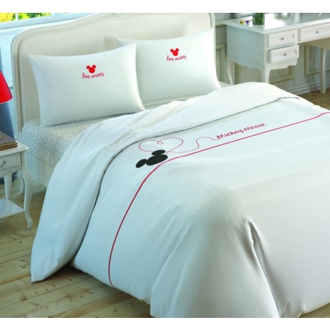 Set lenjerie de pat alb și roșu cu Mickey Mouse, bumbac 100% Ranforce, cu broderie și aplicații