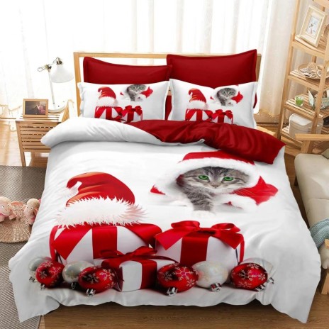 Lenjerie de pat Crăciun 3D din finet, 6 piese, cu design de pisică în căciulă de Moș Crăciun și cadouri festive