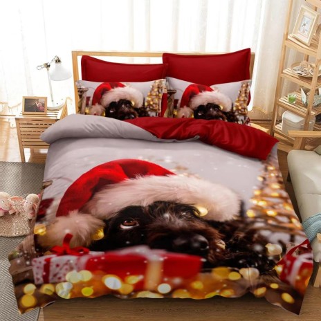 Lenjerie de pat Crăciun 3D din finet, 6 piese, cu design de cățel purtând căciulă de Moș Crăciun și cadouri festive