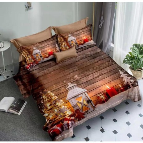Lenjerie de pat dublu din finet cu 6 piese, design 3D de Crăciun cu felinar și decorațiuni festive pe fundal de lemn rustic.