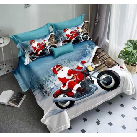 Lenjerie de pat dublu din finet cu 6 piese, design 3D de Crăciun cu Moș Crăciun pe motocicletă, pe fundal albastru și alb.