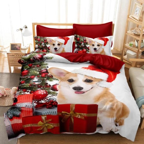 Lenjerie de Crăciun 3D finet cu 6 piese, un cățeluș în costum de Crăciun, decorat cu cadouri și ornamente festive, perfect pentru a sărbători în stil