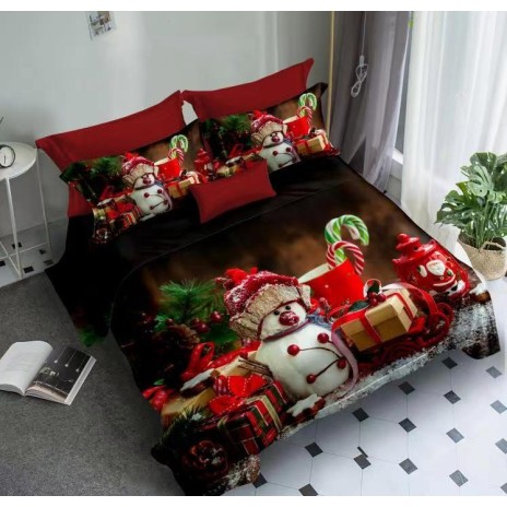 Lenjerie de pat dublu din finet, 6 piese, model de Crăciun cu om de zăpadă și decorațiuni festive pe fundal negru.