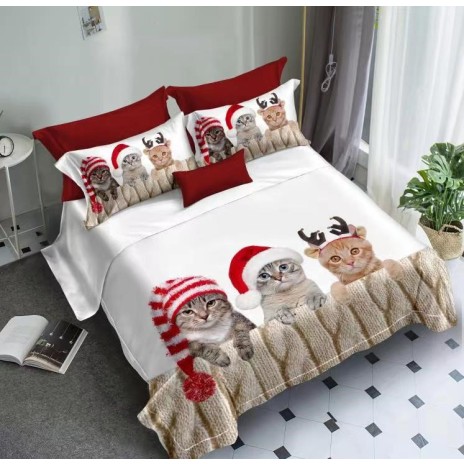 Lenjerie de pat dublu din finet cu 6 piese, design 3D de Crăciun cu pisici în pălării festive pe fundal alb.