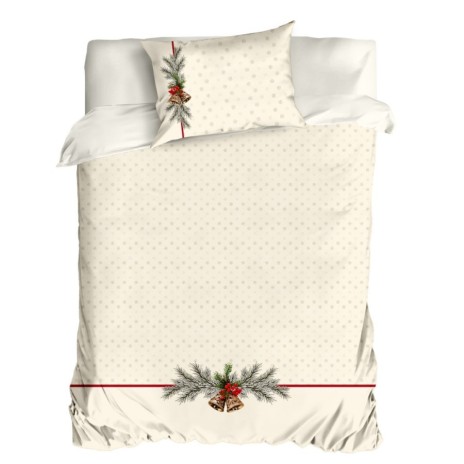 Lenjerie Craciun Holly 3D din bumbac 100% pat 1 persoana crem cu clopotei si crengute de brad