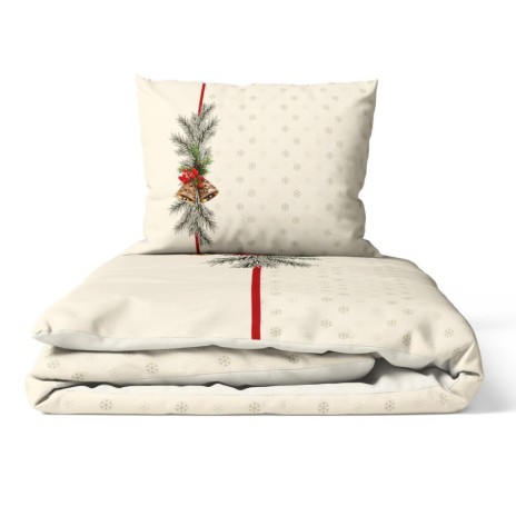 Lenjerie Craciun Holly 3D din bumbac 100% pat 1 persoana crem cu clopotei si crengute de brad