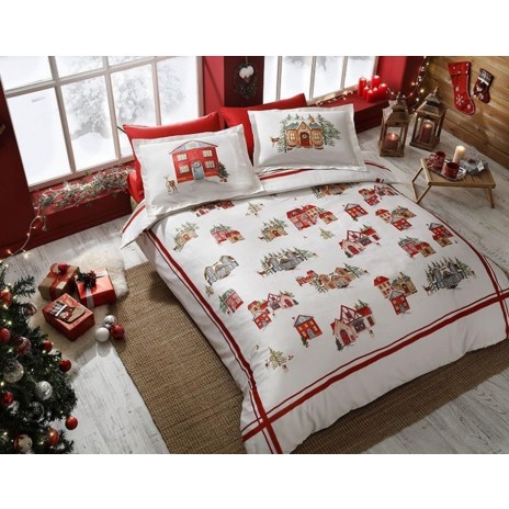 Lenjerie Craciun bumbac satinat Santa TAC cu design festiv de sarbatori cu casute
