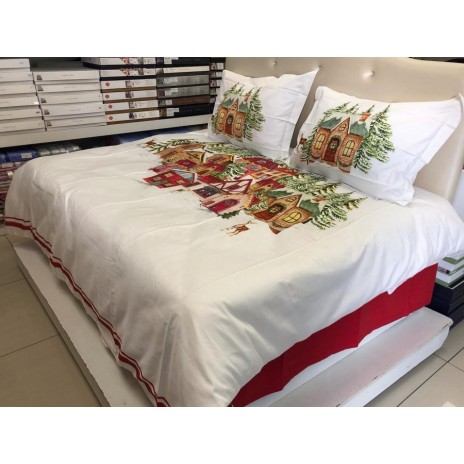 Lenjerie Craciun bumbac satinat Santa TAC cu design festiv de sarbatori cu casute