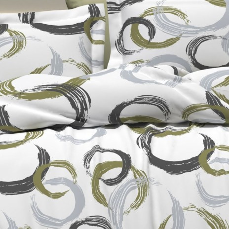 Lenjerie de pat pentru o persoana cu cercuri gri/ verde masliniu, material bumbac creponat, set 3 piese.