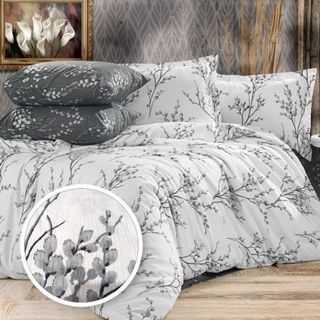 Lenjerie de pat pentru o persoana cu model de crengute cu muguri in nuante de gri pe fundal alb, material bumbac creponat, set 3 piese.