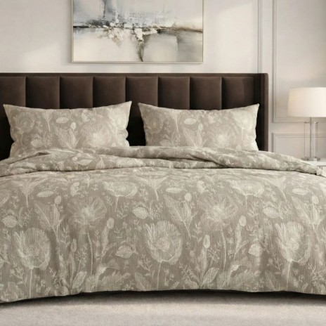 Lenjerie creponata 1 persoana din bumbac 100% cu model floral bej