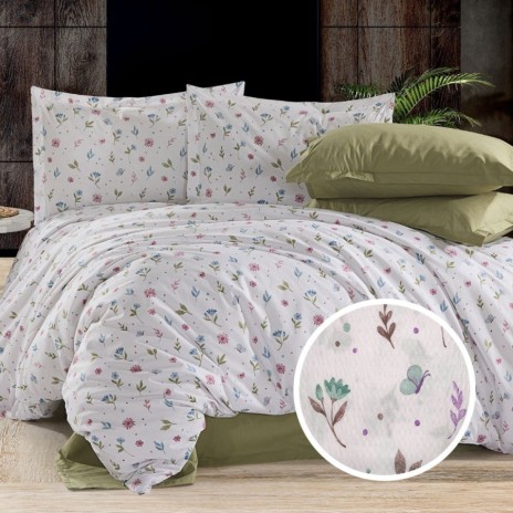 Lenjerie pat 1 persoana bumbac creponat cu cu flori pastel pe fundal alb