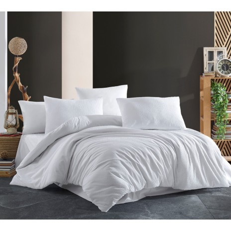 Lenjerie creponata premium 1 persoana,bumbac 100%, Alba