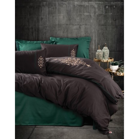 Lenjerie de pat Brode Satin, maro închis și verde, broderii elegante, bumbac satinat