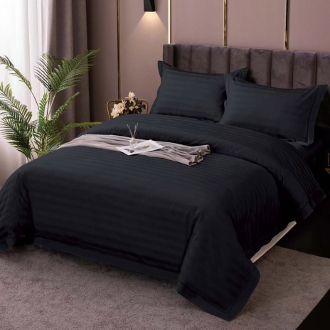 Lenjerie de pat negru din damasc, set de 4 piese, cearșaf cu elastic pentru saltea de 140x200cm